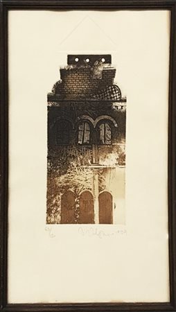 Firma indecifrata "Senza titolo" 1989
acquaforte e acquatinta a colori
foglio cm