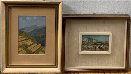 lotto di due dipinti ad olio su tavoletta, raffiguranti scorcio di mercato e pa