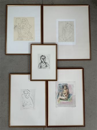 Gruppo di cinque acquaforti con figure femminili di autori diversi, tra cui Ste