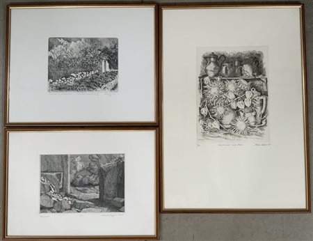 Lotto di tre acquaforti raffiguranti fiori e pesaggi di autori e misure diverse