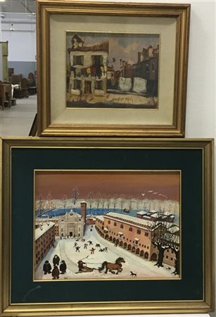 Lotto composto da un dipinto Naif ad olio su compensato, raffigurante città inn