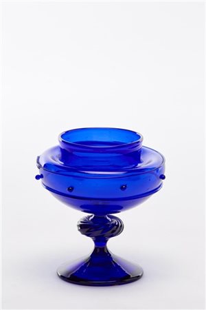 Salviati Coppetta in vetro soffiato trasparente blu, con fili e bugne applicate