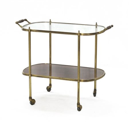 Carrello portavivande in ottone con ripiano superiore in vetro e ripiano inferi