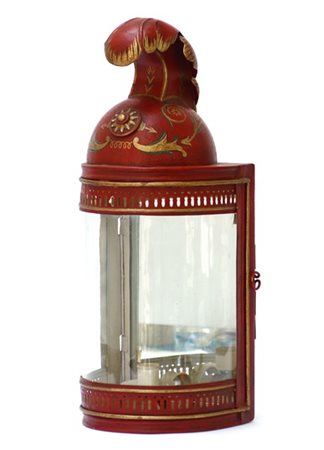 Portacandela in lamiera laccata a fondo rosso con parte superiore "ad elmo di d