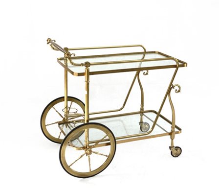 Carrello in ottone e vetro a due ripiani con vani portabottiglie (difetti)