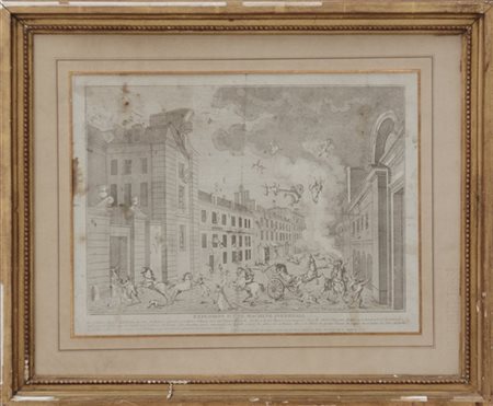 Basset "Explosion d'une machine infernale" acquaforte del secolo XVIII (cm 30x4