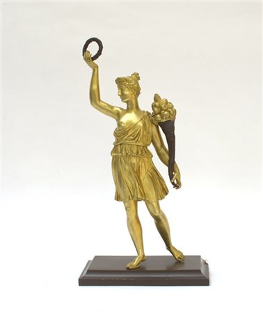 Scultura raffigurante Dea dell'Abbondanza in bronzo cesellato, dorato e parzial