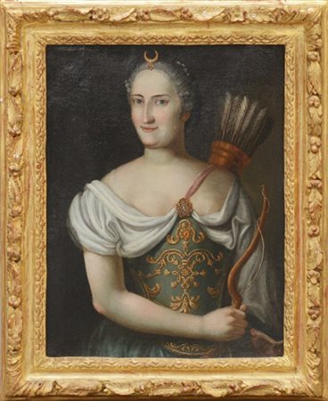 Ignoto "Nobildonna in abiti di Diana cacciatrice" olio su tela (cm 73,5x56) In
