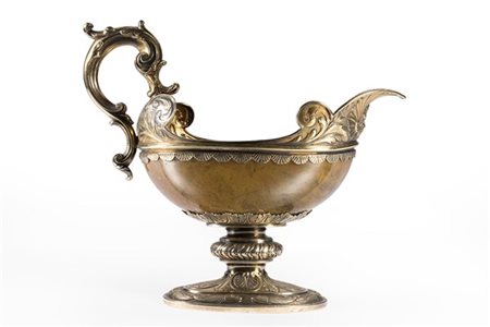 Versatoio con vasca in agata multicolore, base e ghiera in vermeille cesellato