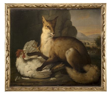 Scuola del secolo XVIII "Volpe con gallina e paesaggio sullo sfondo" olio su te