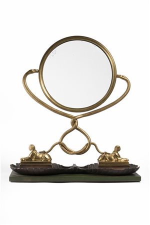 Psiche da tavolo in bronzo dorato con specchio sorretto da serpenti avviluppati