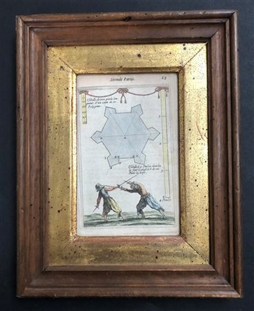 Gruppo di quattro antiche incisioni colorate tratte da Les Travaux de Mars our