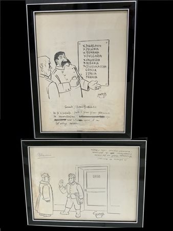 GUARESCHI Giovannino (1908-1968) 2 Disegni: "Secondo i piani prestabiliti" "La