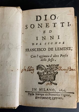 LEMENE Francesco, de. Dio, sonetti, ed inni ...]; con l'aggiunta d'altre poesie