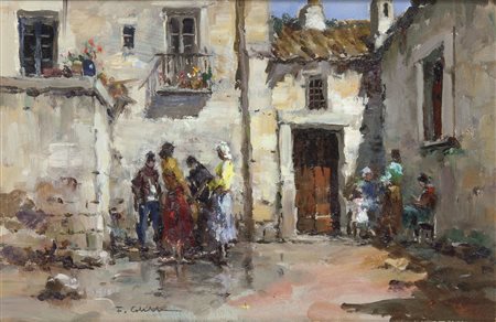COLELLA FRANCO (Bari 1900 – 1981) - "Chiacchiere in paese", 20x30 olio su...