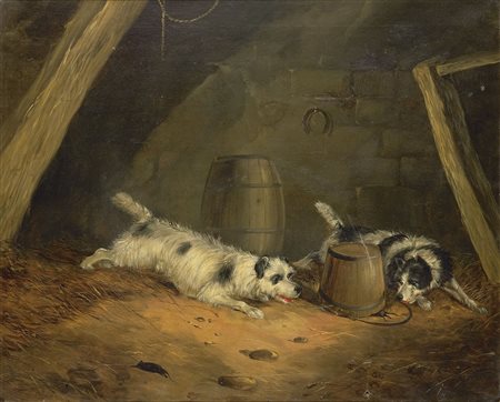 ARMFIELD G. SMITH (Gran Bretagna XIX secolo) - "Cani nella stalla", 51x61...