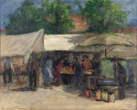VELLAN FELICE (Torino 1889 – 1976) - "Mercato a Mazzè" 1964, 40x50 olio su...