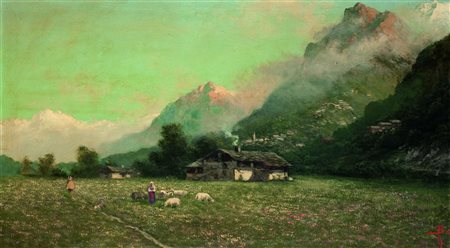 BO GIACINTO (Montanaro (TO) 1832 - 1912 Torino) - "Paesaggio montano", 64x119...
