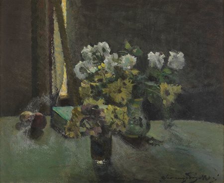 ZOLLA VENANZIO (GB 1880 - 1961 Torino) - "Interno con fiori" 1940 circa,...