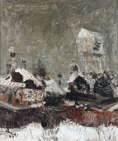 EANDI FERNANDO (Torino 1926) - "Case nella neve" 1964, 34x40 olio su tavola....