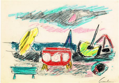 PAULUCCI ENRICO (Genova 1901 - 1999 Torino) - "Spiaggia" 1970, 22x31 pastello...