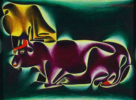 BAUMGARTNER FRITZ (A 1929 – 2006) - "Eifelkuhe (Mucche)" 1994, 30x40 olio su...