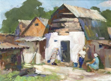 PITTORE ANONIMO - "Scorcio di paese", 31x41 olio su tela