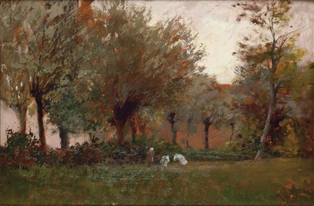 RODA LEONARDO (Racconigi (CN) 1868 - 1933) - "Nel bosco", 23x33 olio su...