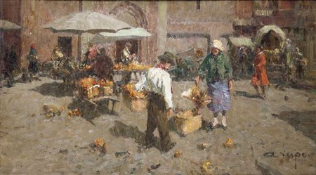LUPO ALESSANDRO (Torino 1876 – 1953) - "Mercato", 40x70 olio su tela. Opera...