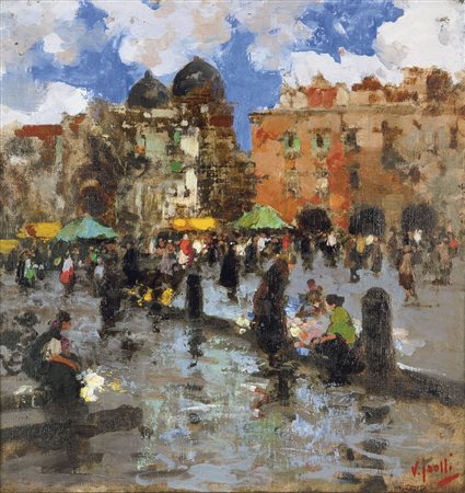 IROLLI VINCENZO (Napoli 1860 – 1949) - "A Napoli, mercatino", 47X45,5 olio su...
