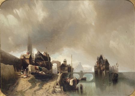 GAMBA FRANCESCO (Torino 1818 – 1887) - "Scogliera e villaggio olandese",...