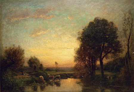 BUSSOLINO VITTORIO (Torino 1853 – 1922) - "Abbeverata al tramonto", 98x138...