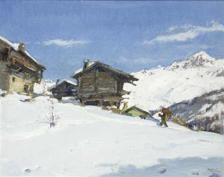 MUSSO CARLO (Balangero (TO) 1907 – 1968) - "Paesaggio innevato con baite" ,...