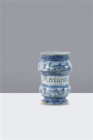 VASO DA FARMACIA - Arbarello in maiolica dipinta bianco e blu, Savona XVIII...
