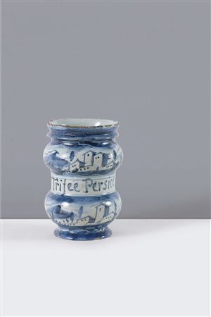 VASO DA FARMACIA - Arbarello in maiolica dipinta bianca e blu, Savona XVIII...