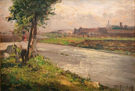 LORENZO DELLEANI<BR>Pollone (BI) 1840 - 1908 Torino<BR>"Figura sulla sponda del fiume" 21/5/1908