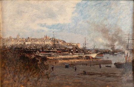 ENRICO REYCEND<BR>Torino 1855 - 1928<BR>"Il porto di Genova" 1886