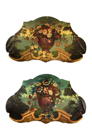 PITTORE ANONIMO DEL XIX SECOLO<BR>"Coppia di sovraporta raffiguranti vasi di fiori"