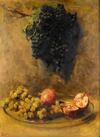 GIACOMO GROSSO<BR>Cambiano (TO) 1860 - 1938 Torino<BR>"Natura morta con uva e melagrane"