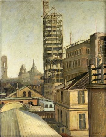 ITALO CREMONA<BR>Cozzo Lomellina (PV) 1905 - 1979 Torino<BR>"Costruzione della Torre Littoria di Torino " 1933-1934 circa