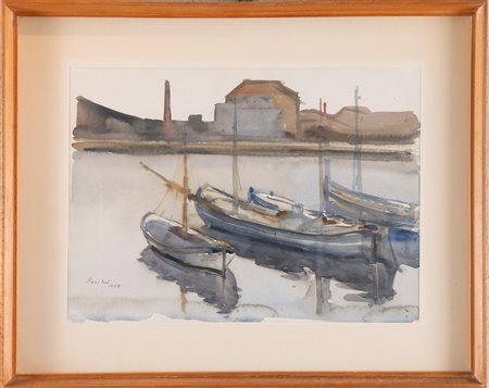 DINO BOSCHI (Bologna 1923 – 2015) “Darsena”, 1958. Acquerello su carta. Cm...