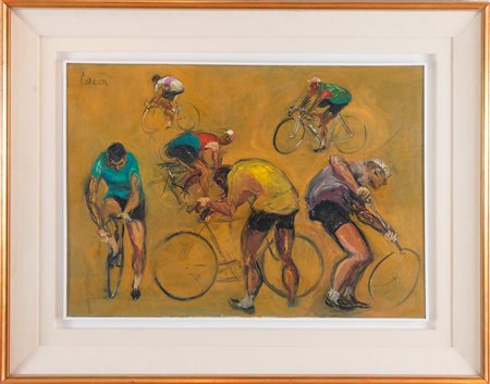 CORRADO CORAZZA (Bologna 1897 - 1975) “Ciclisti”. Olio su tela. Cm 50x70....