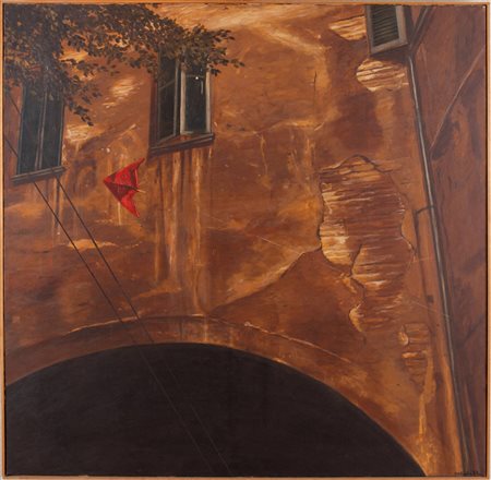 ANTONIO SALIOLA (Bologna 1939) “L’aquilone”, 1977. Olio su tela. Cm 100x100....