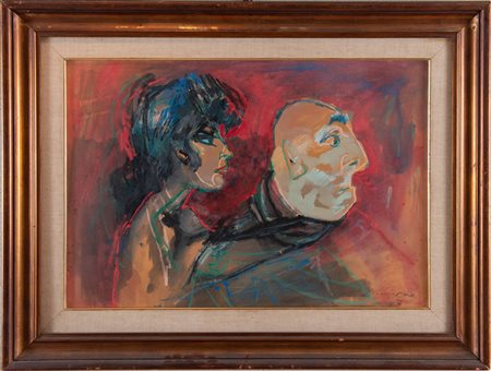 MINO MACCARI (Siena 1898 – Roma 1989) “Figure”, anni 60. Olio su cartone. Cm...