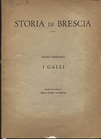 RAMPINELLI  A. – Storia di Brescia; I Galli.  Brescia, s.d. pp. 98 – 125, tavv. 1 a colori, + ill. nel testo. ril. ed. buono stato, ritrovamenti di dracme padane, armi, fibule, vasi,  ecc.