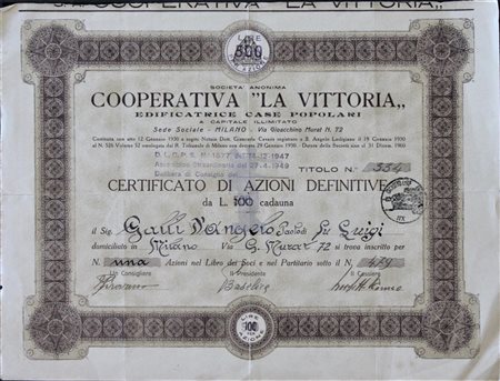 CERTIFICATO DI AZIONI Cooperativa "La vittoria" edificatrice case popolari...
