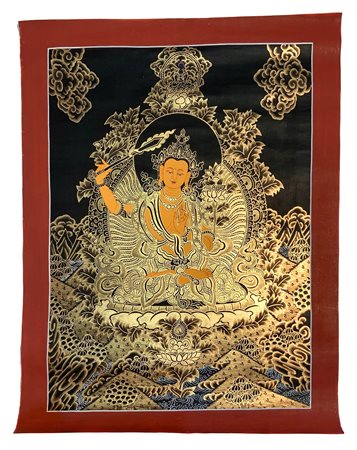 Thangka, pittura di arte sacra buddista tibetana su tela a fondo nero e...