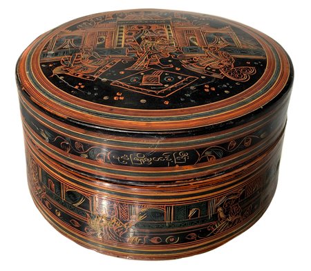 Scatola in bambù laccato in rosso e nero, Myanmar, XIX- XX secolo. Decorata...