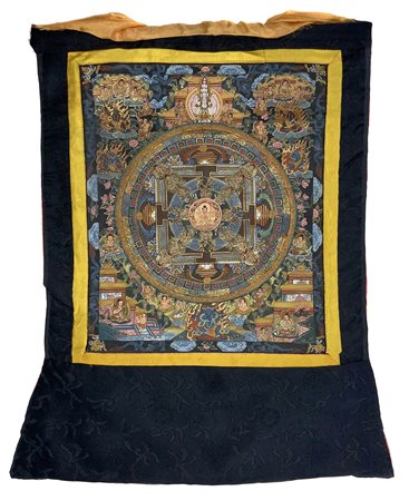 Thangka, dipinto di arte sacra buddista, Tibet XX secolo, cm 35 x 28.