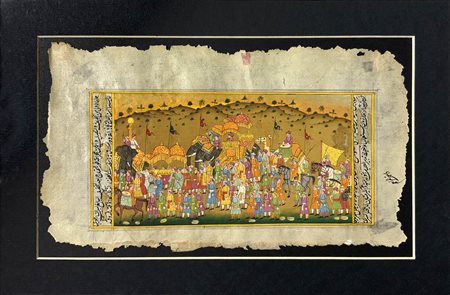 Raffinata miniatura raffigurante scena di maharaja in baldacchino a dorso di...